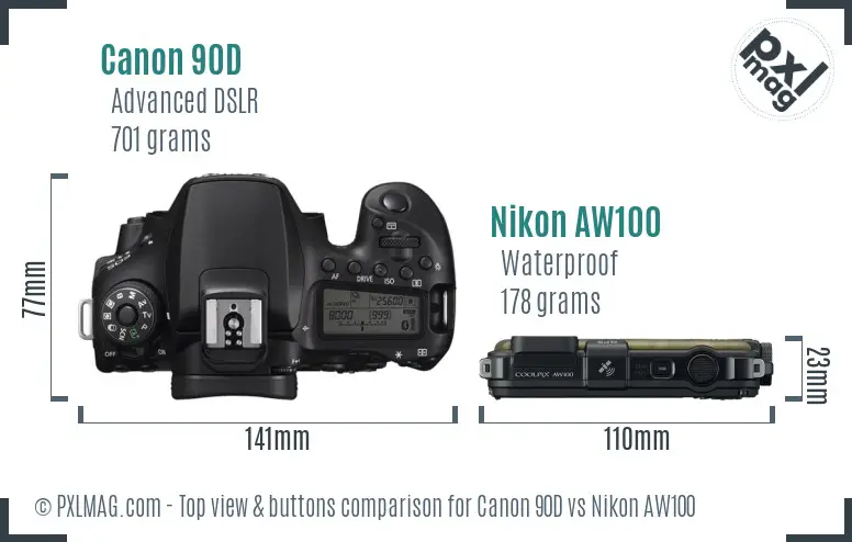 Canon 90D vs Nikon AW100 top view buttons comparison Canon 90D vs Nikon AW100 top view buttons comparison