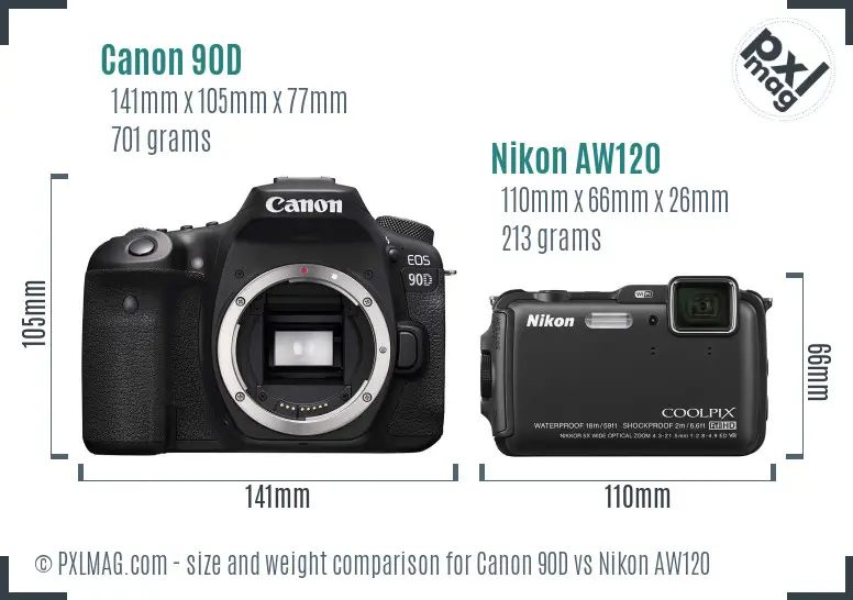 Canon 90D vs Nikon AW120 size comparison