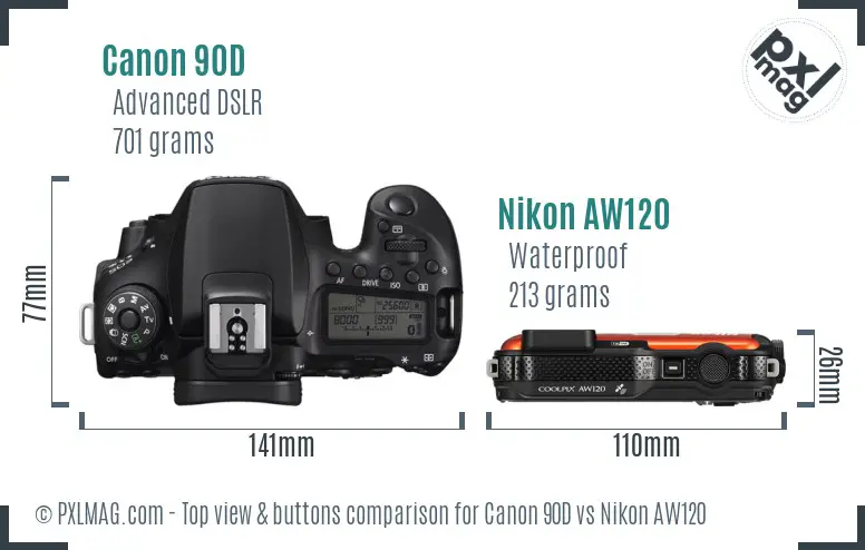 Canon 90D vs Nikon AW120 top view buttons comparison