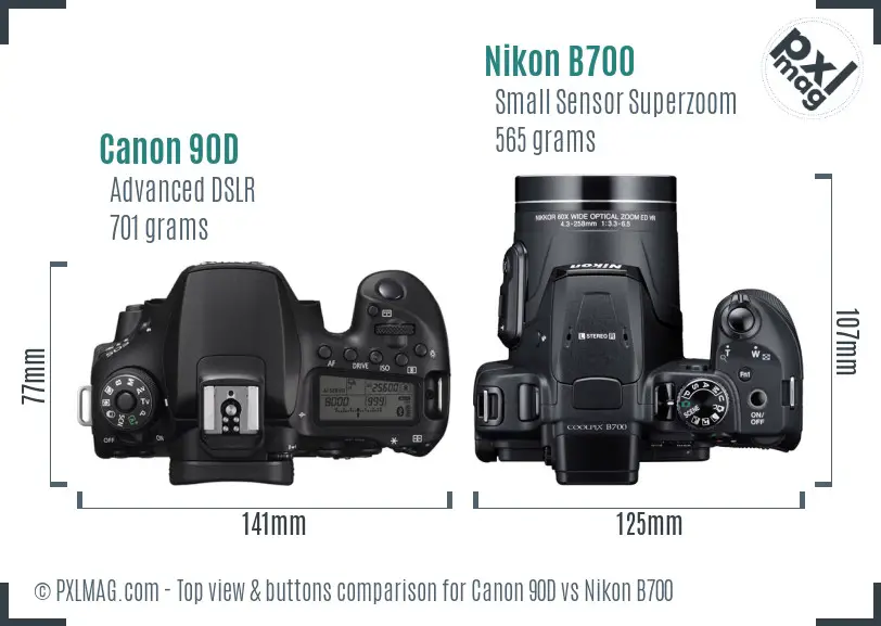 Canon 90D vs Nikon B700 top view buttons comparison Canon 90D vs Nikon B700 top view buttons comparison