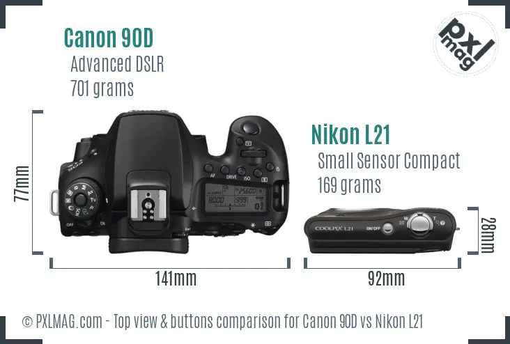 Canon 90D vs Nikon L21 top view buttons comparison