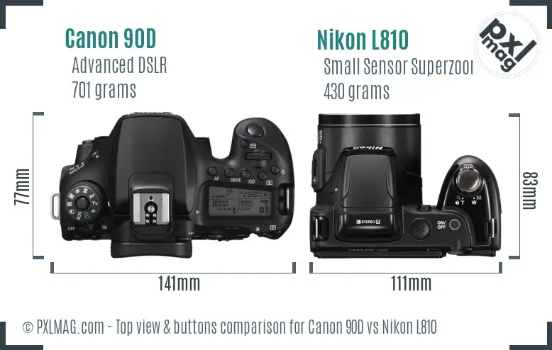 Canon 90D vs Nikon L810 top view buttons comparison