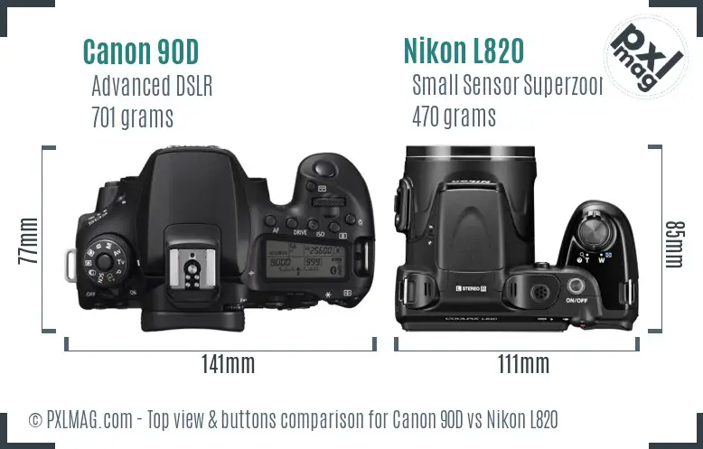 Canon 90D vs Nikon L820 top view buttons comparison