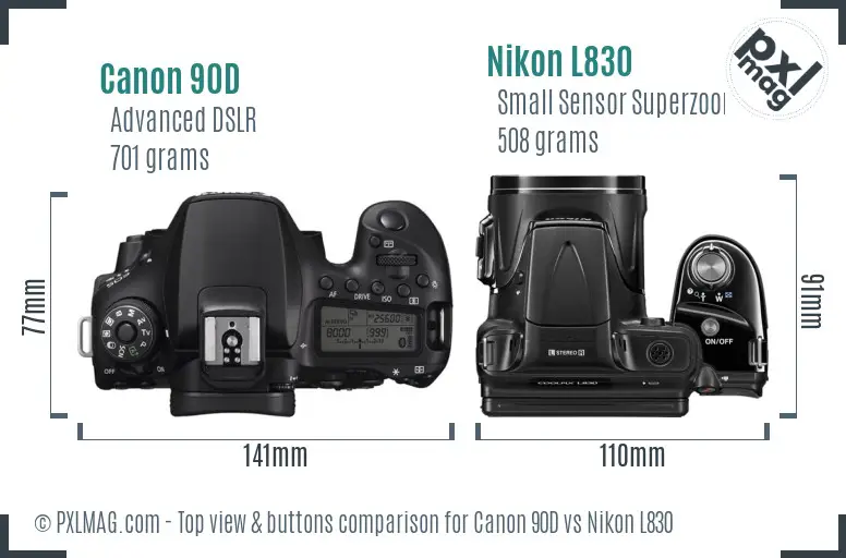 Canon 90D vs Nikon L830 top view buttons comparison Canon 90D vs Nikon L830 top view buttons comparison