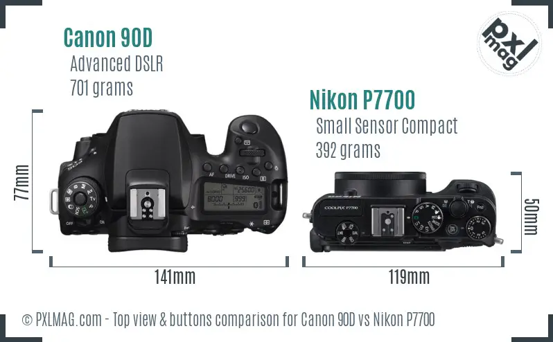 Canon 90D vs Nikon P7700 top view buttons comparison