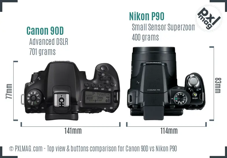 Canon 90D vs Nikon P90 top view buttons comparison