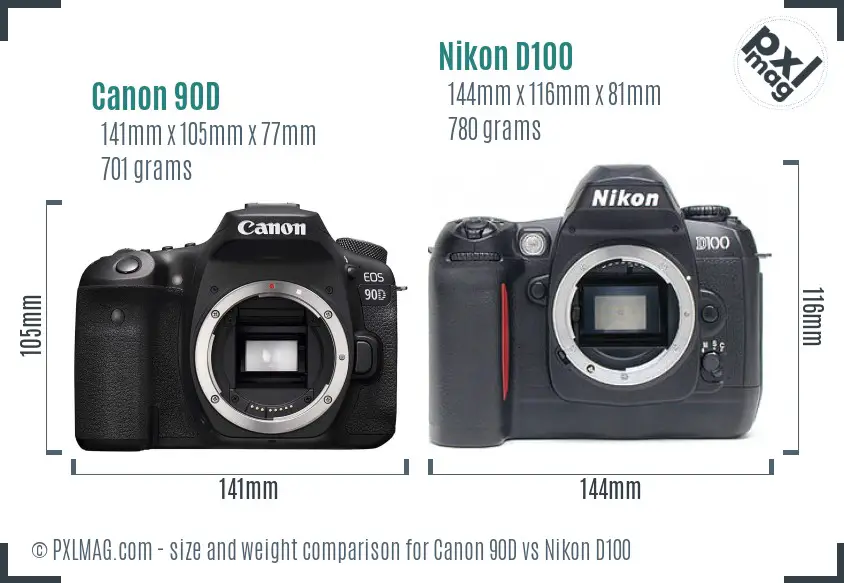 Canon 90D vs Nikon D100 size comparison