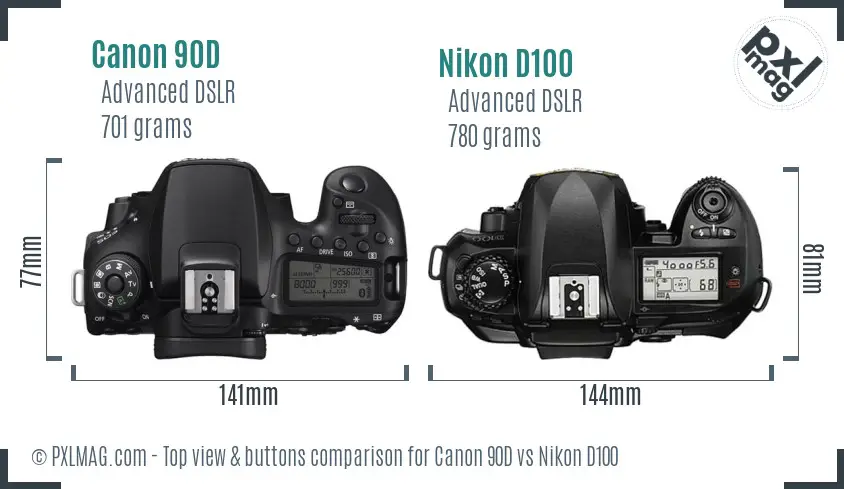 Canon 90D vs Nikon D100 top view buttons comparison