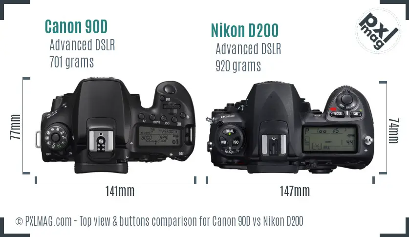 Canon 90D vs Nikon D200 top view buttons comparison
