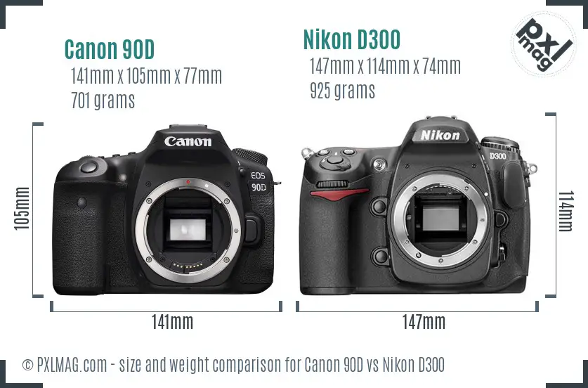 Canon 90D vs Nikon D300 size comparison