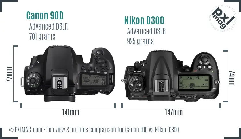 Canon 90D vs Nikon D300 top view buttons comparison
