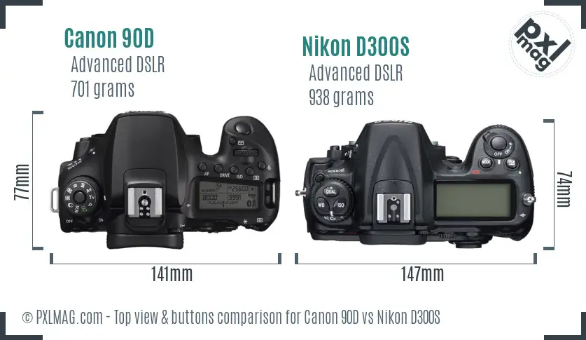 Canon 90D vs Nikon D300S top view buttons comparison