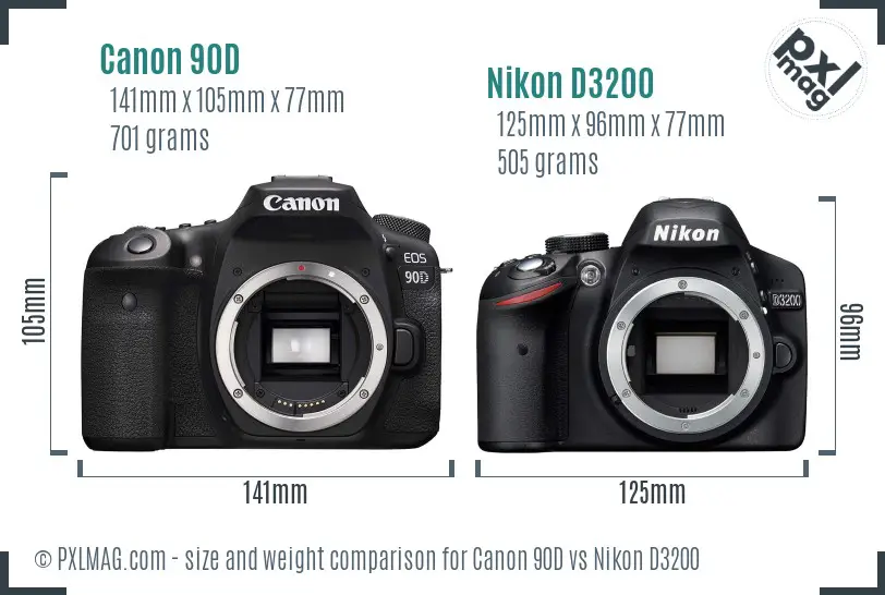 Canon 90D vs Nikon D3200 size comparison Canon 90D vs Nikon D3200 size comparison