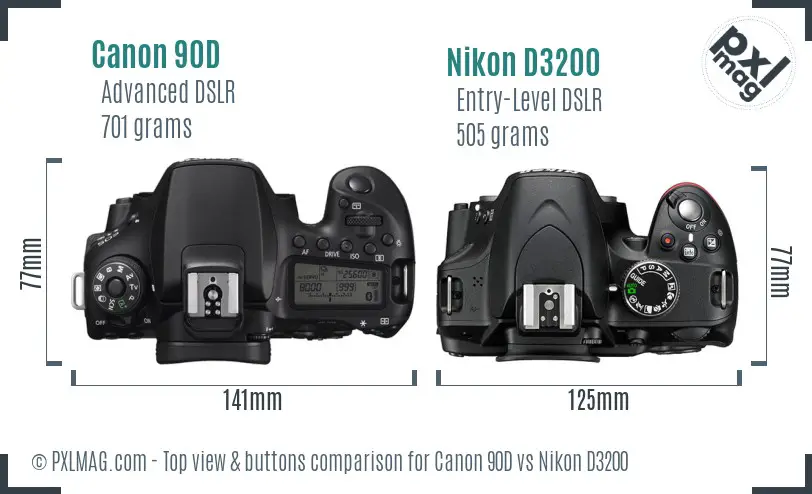 Canon 90D vs Nikon D3200 top view buttons comparison Canon 90D vs Nikon D3200 top view buttons comparison