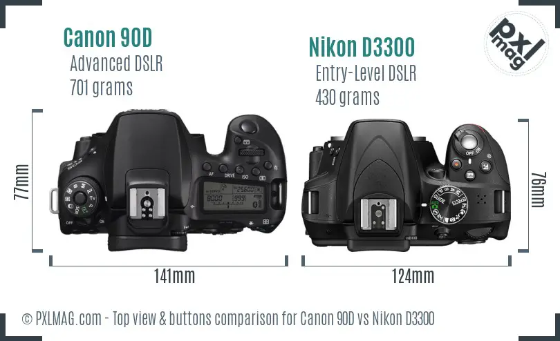 Canon 90D vs Nikon D3300 top view buttons comparison Canon 90D vs Nikon D3300 top view buttons comparison