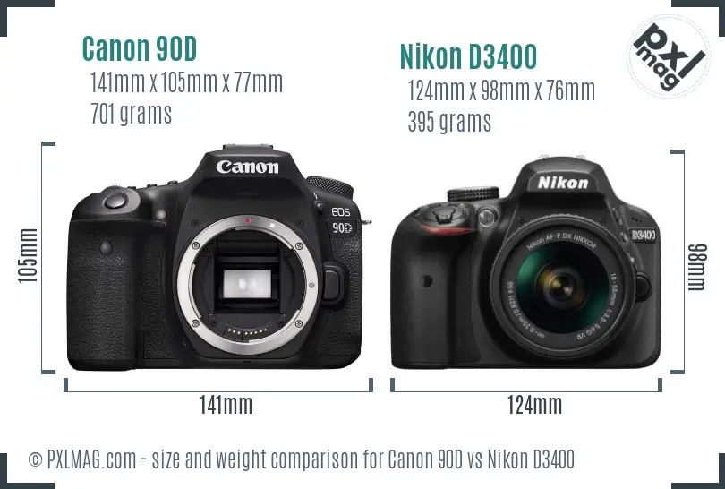 Canon 90D vs Nikon D3400 size comparison Canon 90D vs Nikon D3400 size comparison