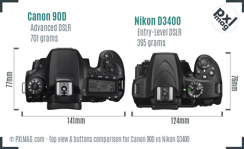 Canon 90D vs Nikon D3400 top view buttons comparison Canon 90D vs Nikon D3400 top view buttons comparison