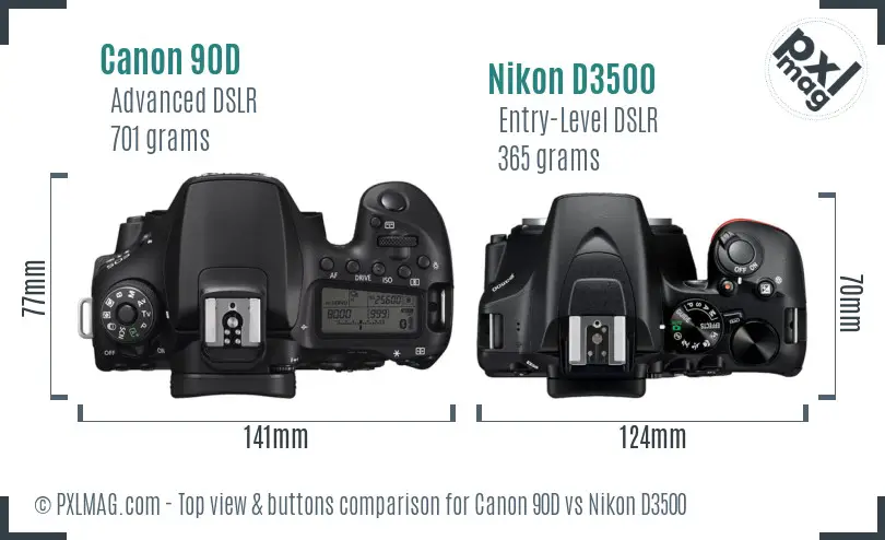 Canon 90D vs Nikon D3500 top view buttons comparison Canon 90D vs Nikon D3500 top view buttons comparison