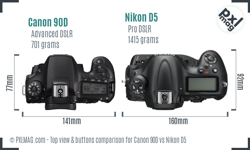 Canon 90D vs Nikon D5 top view buttons comparison
