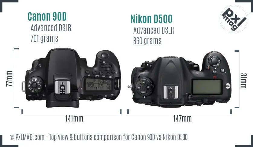 Canon 90D vs Nikon D500 top view buttons comparison