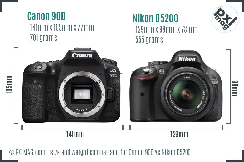 Canon 90D vs Nikon D5200 size comparison Canon 90D vs Nikon D5200 size comparison
