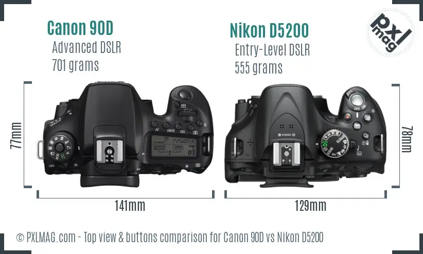 Canon 90D vs Nikon D5200 top view buttons comparison Canon 90D vs Nikon D5200 top view buttons comparison