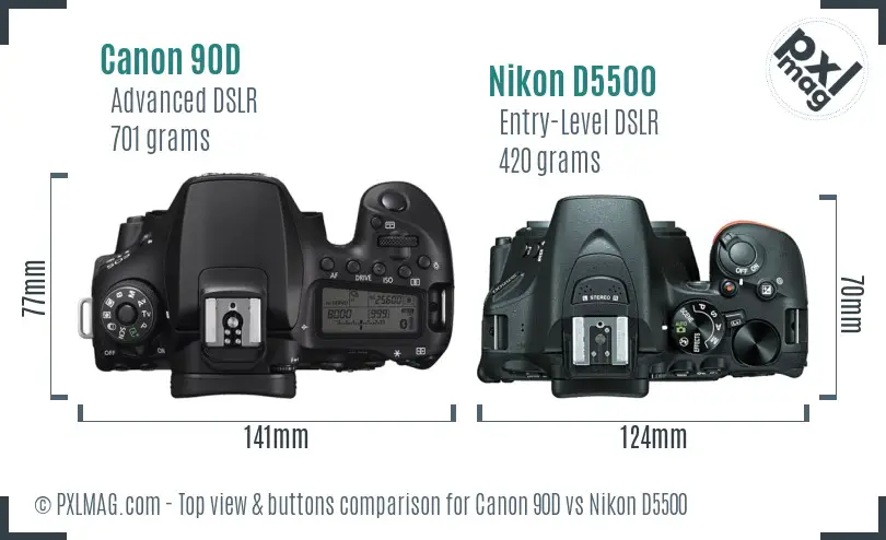 Canon 90D vs Nikon D5500 top view buttons comparison Canon 90D vs Nikon D5500 top view buttons comparison
