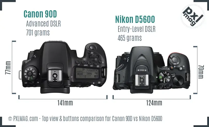 Canon 90D vs Nikon D5600 top view buttons comparison Canon 90D vs Nikon D5600 top view buttons comparison