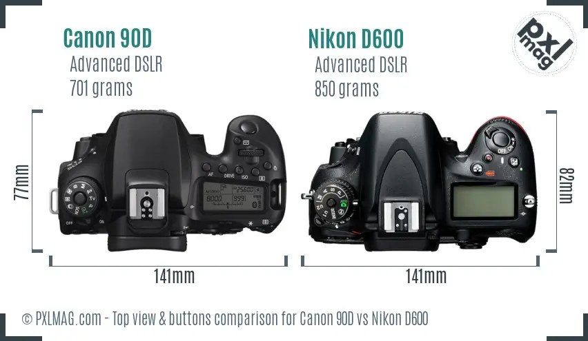 Canon 90D vs Nikon D600 top view buttons comparison