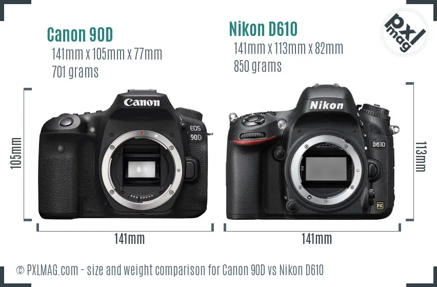 Canon 90D vs Nikon D610 size comparison