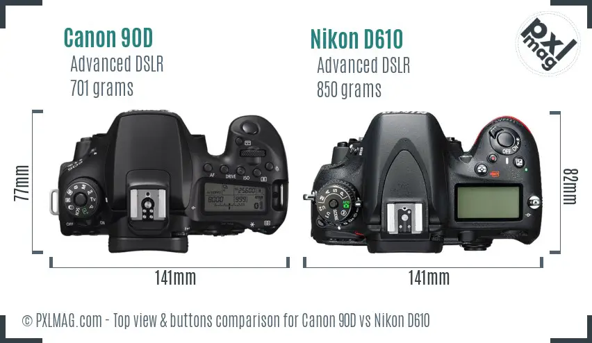 Canon 90D vs Nikon D610 top view buttons comparison