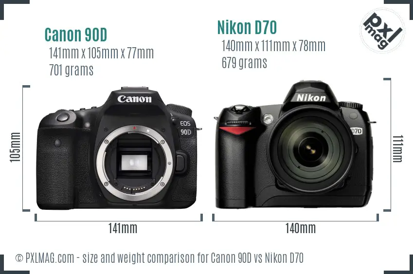 Canon 90D vs Nikon D70 size comparison