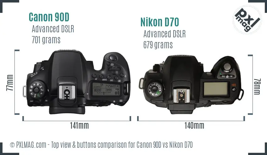 Canon 90D vs Nikon D70 top view buttons comparison