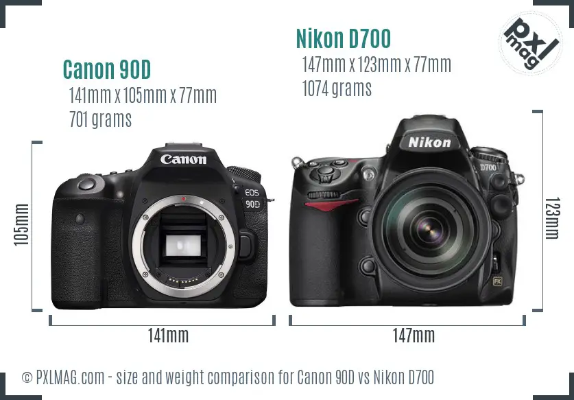 Canon 90D vs Nikon D700 size comparison