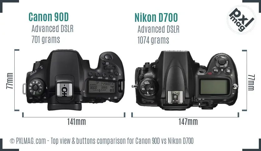 Canon 90D vs Nikon D700 top view buttons comparison