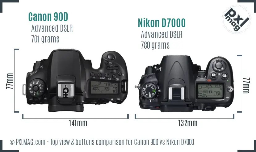 Canon 90D vs Nikon D7000 top view buttons comparison