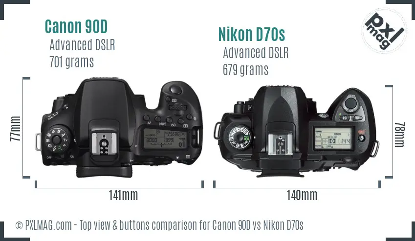 Canon 90D vs Nikon D70s top view buttons comparison