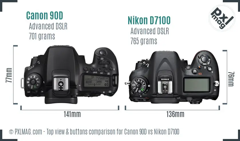 Canon 90D vs Nikon D7100 top view buttons comparison
