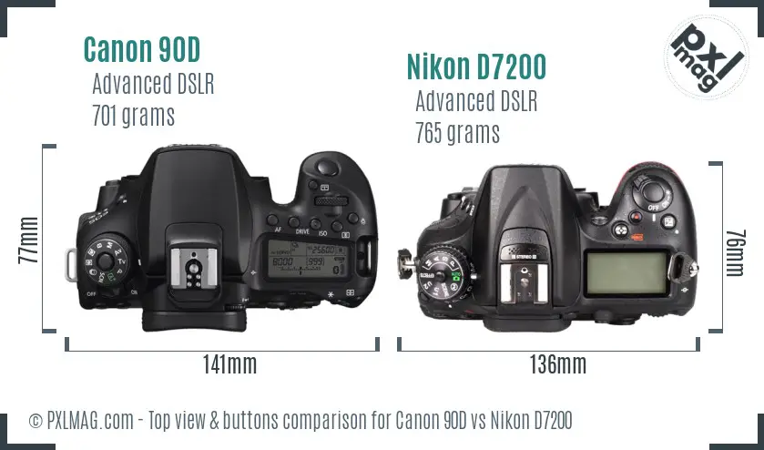 Canon 90D vs Nikon D7200 top view buttons comparison