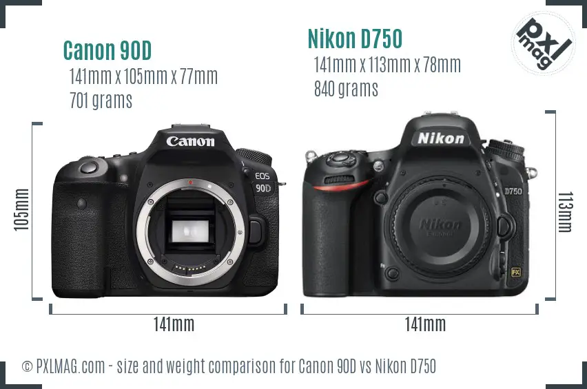 Canon 90D vs Nikon D750 size comparison