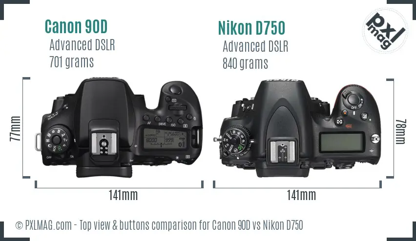 Canon 90D vs Nikon D750 top view buttons comparison