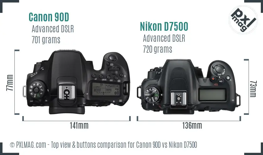 Canon 90D vs Nikon D7500 top view buttons comparison