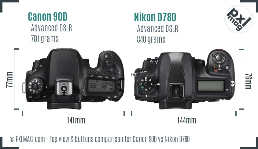 Canon 90D vs Nikon D780 top view buttons comparison