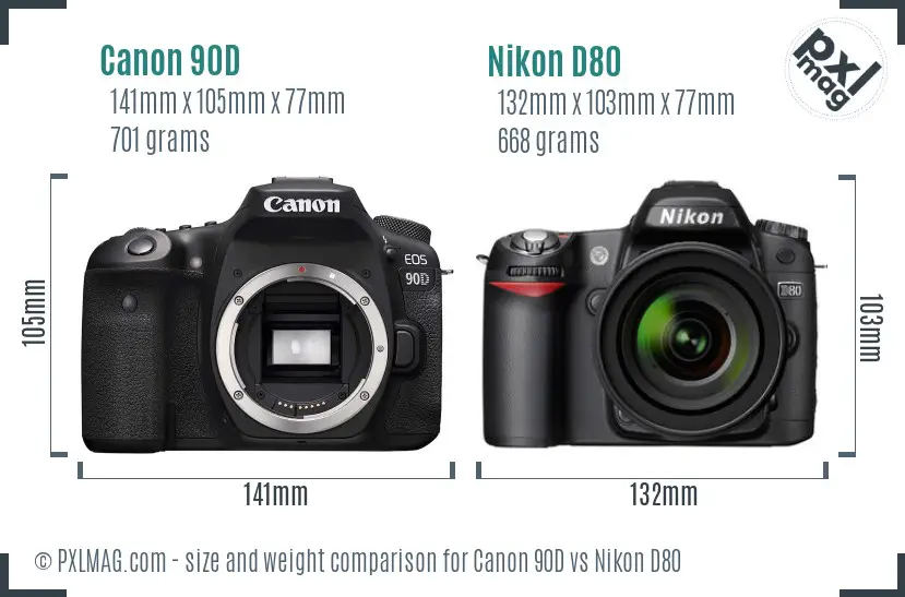Canon 90D vs Nikon D80 size comparison