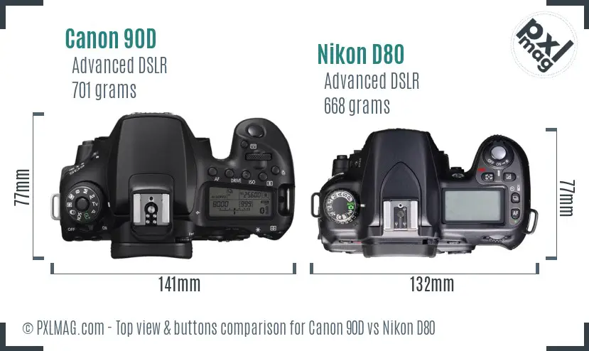 Canon 90D vs Nikon D80 top view buttons comparison