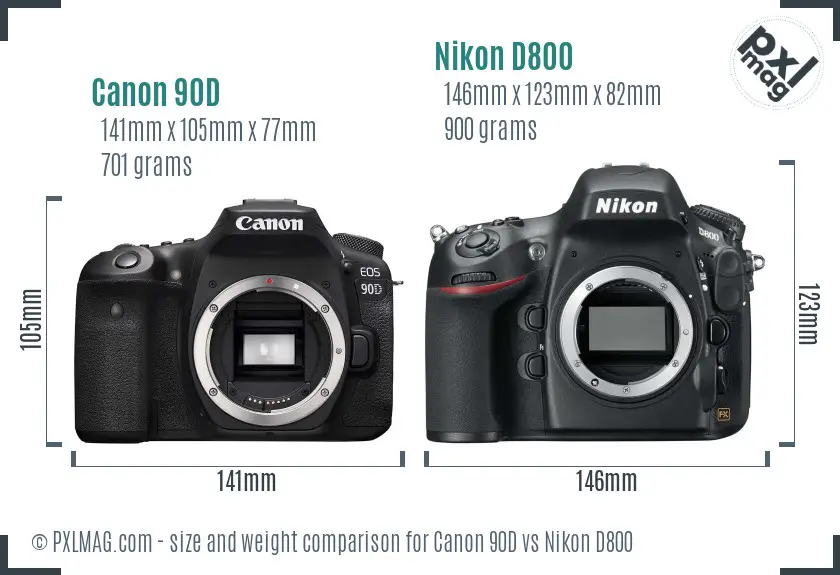 Canon 90D vs Nikon D800 size comparison