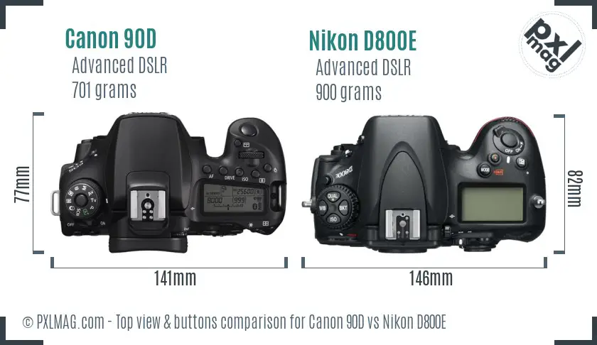 Canon 90D vs Nikon D800E top view buttons comparison