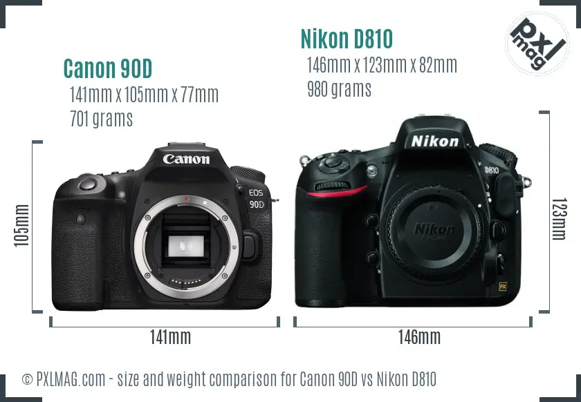 Canon 90D vs Nikon D810 size comparison