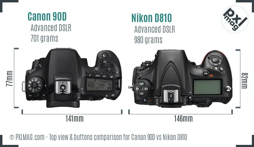 Canon 90D vs Nikon D810 top view buttons comparison