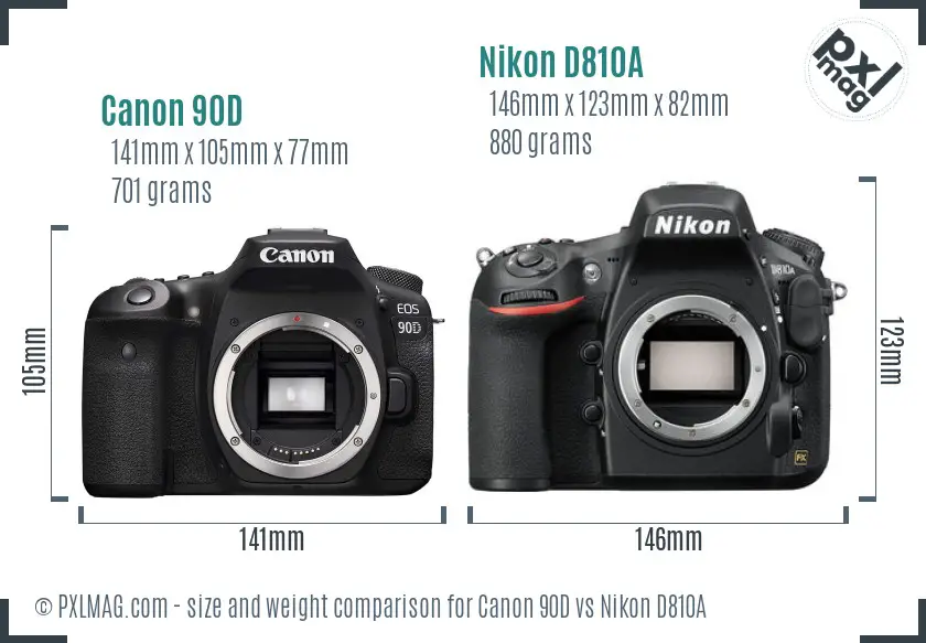 Canon 90D vs Nikon D810A size comparison